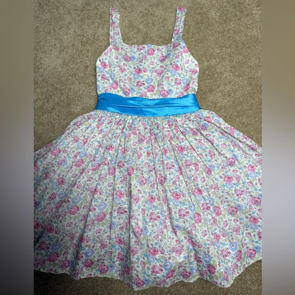 Girl’s Handmade‎ Floral Dress with Blue Bow, | Vintage Aesthetic | Size 5